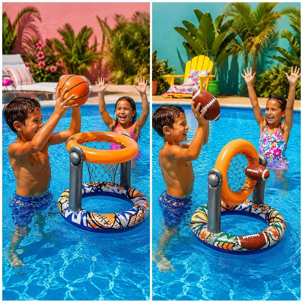 Basketball/Football Inflatable Set Pool Play Target + Balls Banzai Water Games